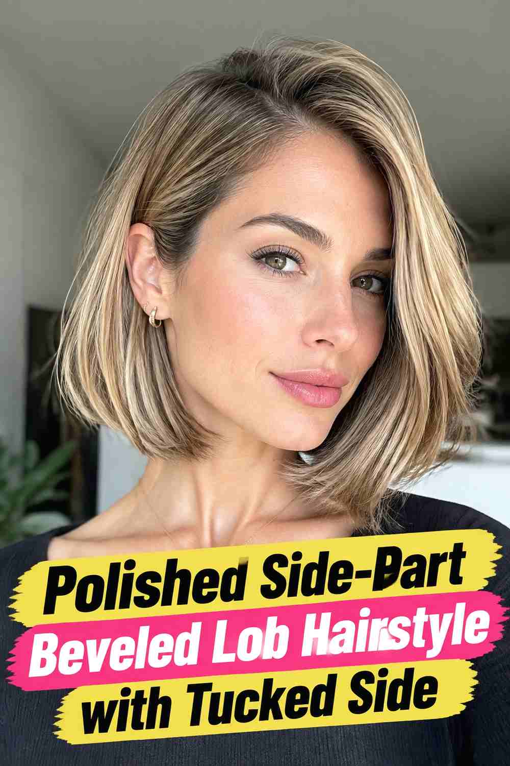 16. Polished Side Part Beveled Lob Hairstyle With Tucked Side