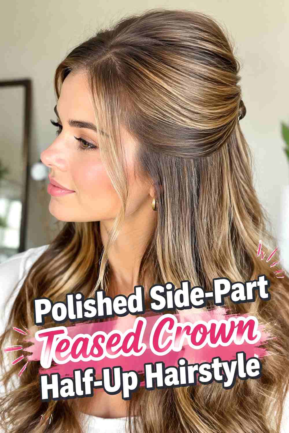 11. Polished Side Part Teased Crown Half Up Hairstyle