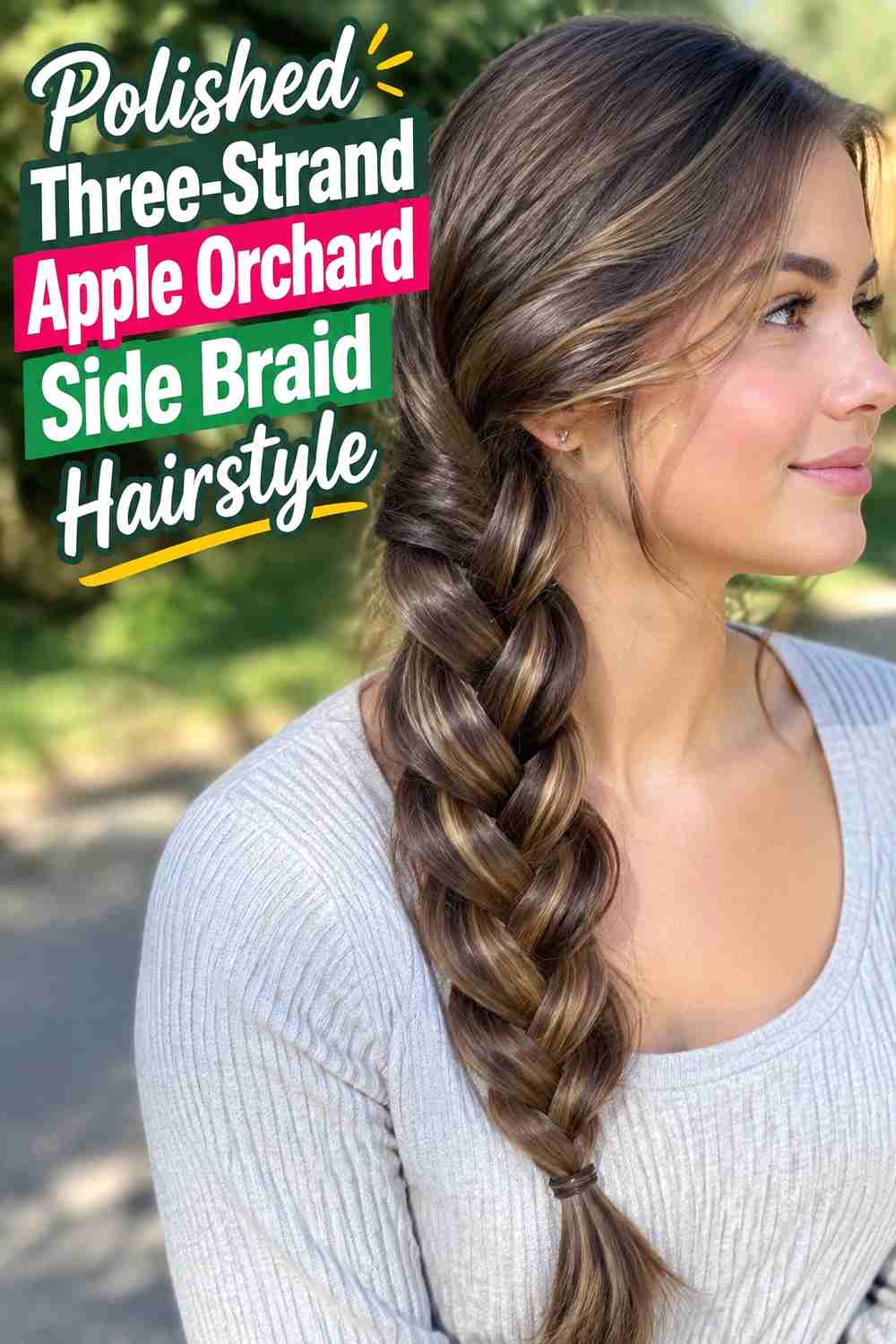 10. Polished Three Strand Apple Orchard Side Braid Hairstyle