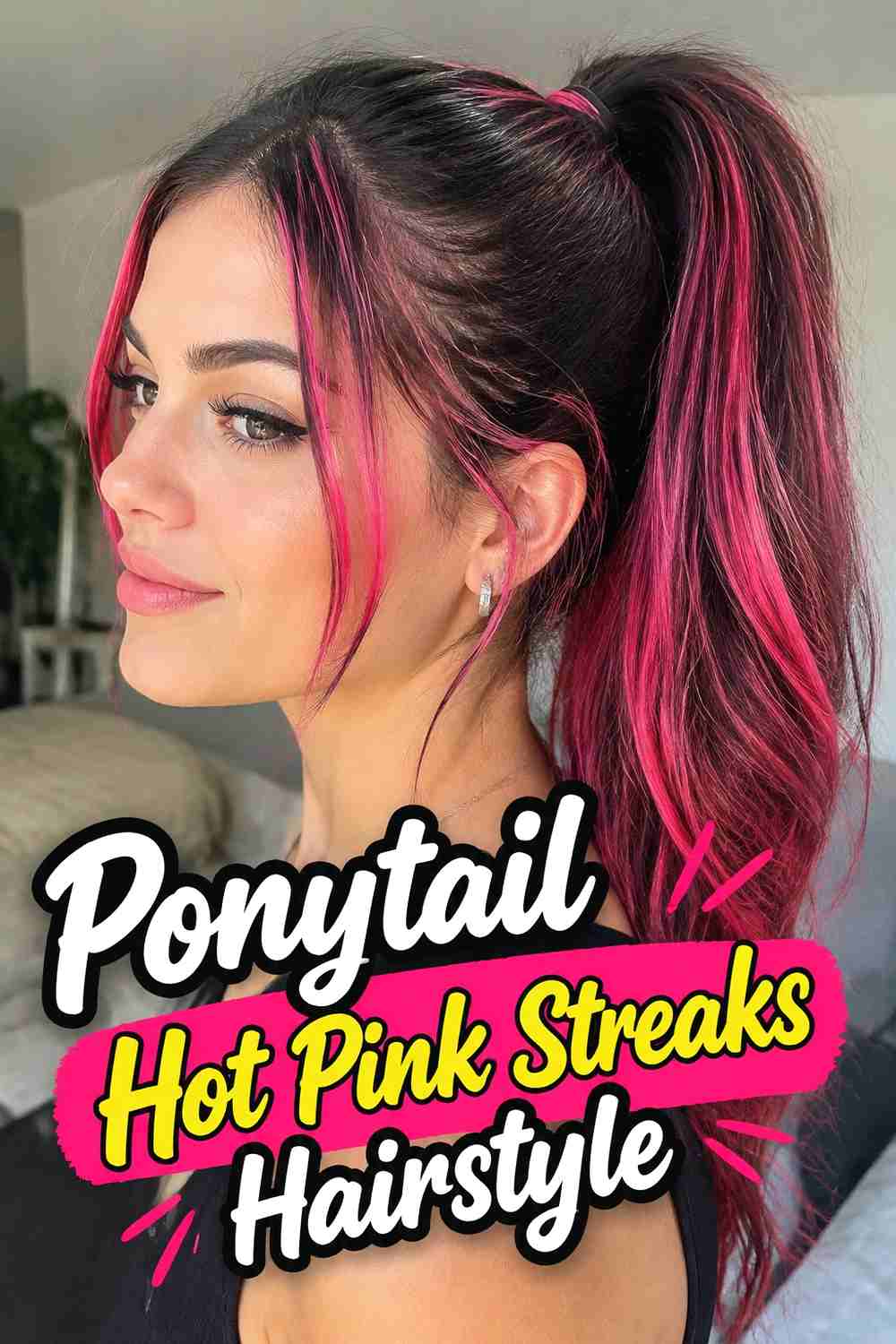 16. Ponytail Hot Pink Streaks Hairstyle