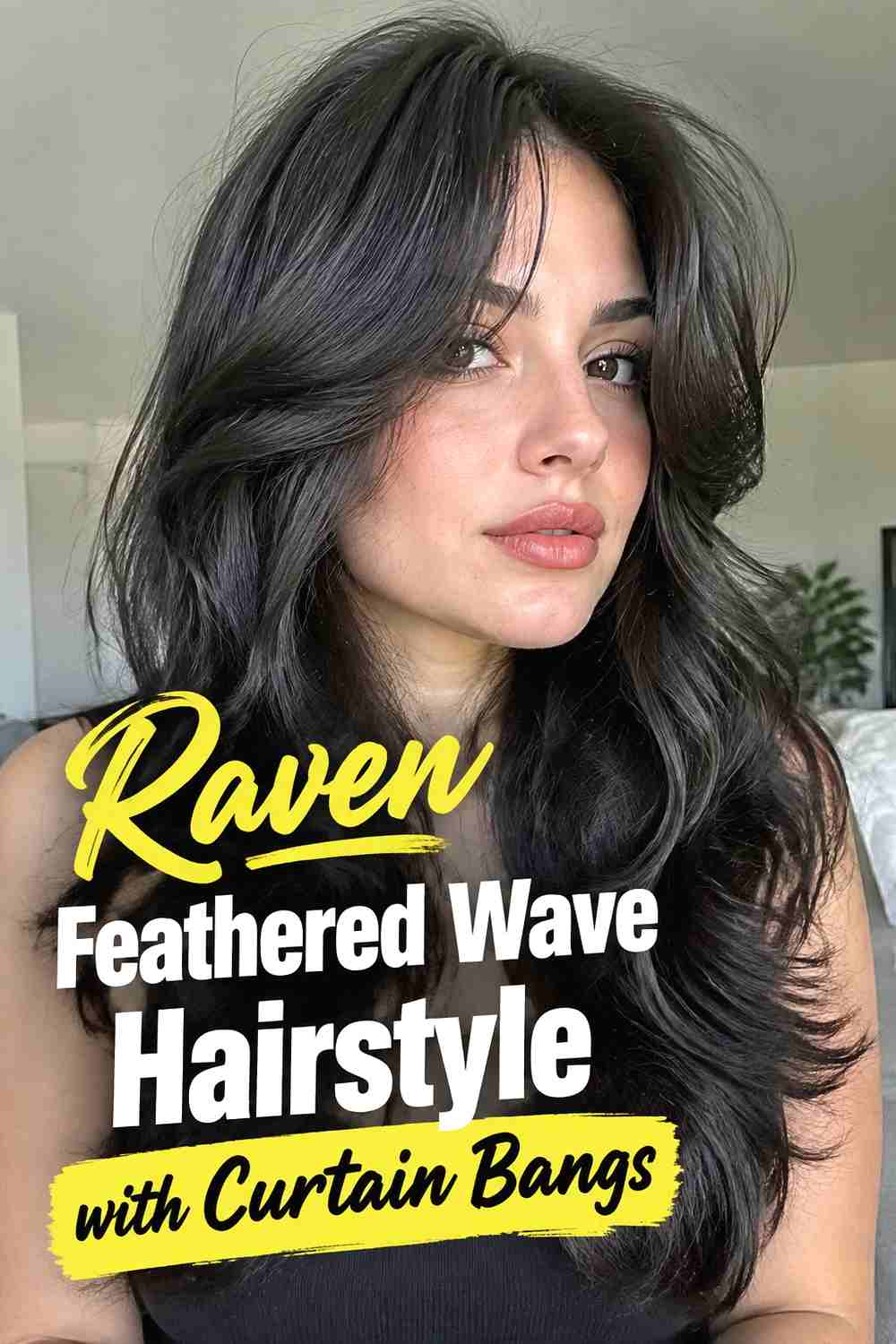 3. Raven Feathered Wave Hairstyle With Curtain Bangs