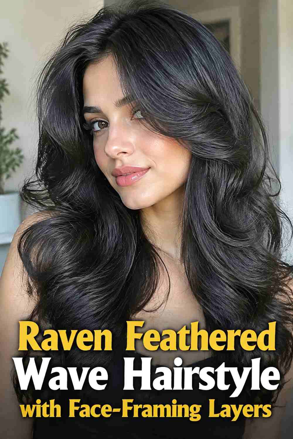 4. Raven Feathered Wave Hairstyle With Face Framing Layers