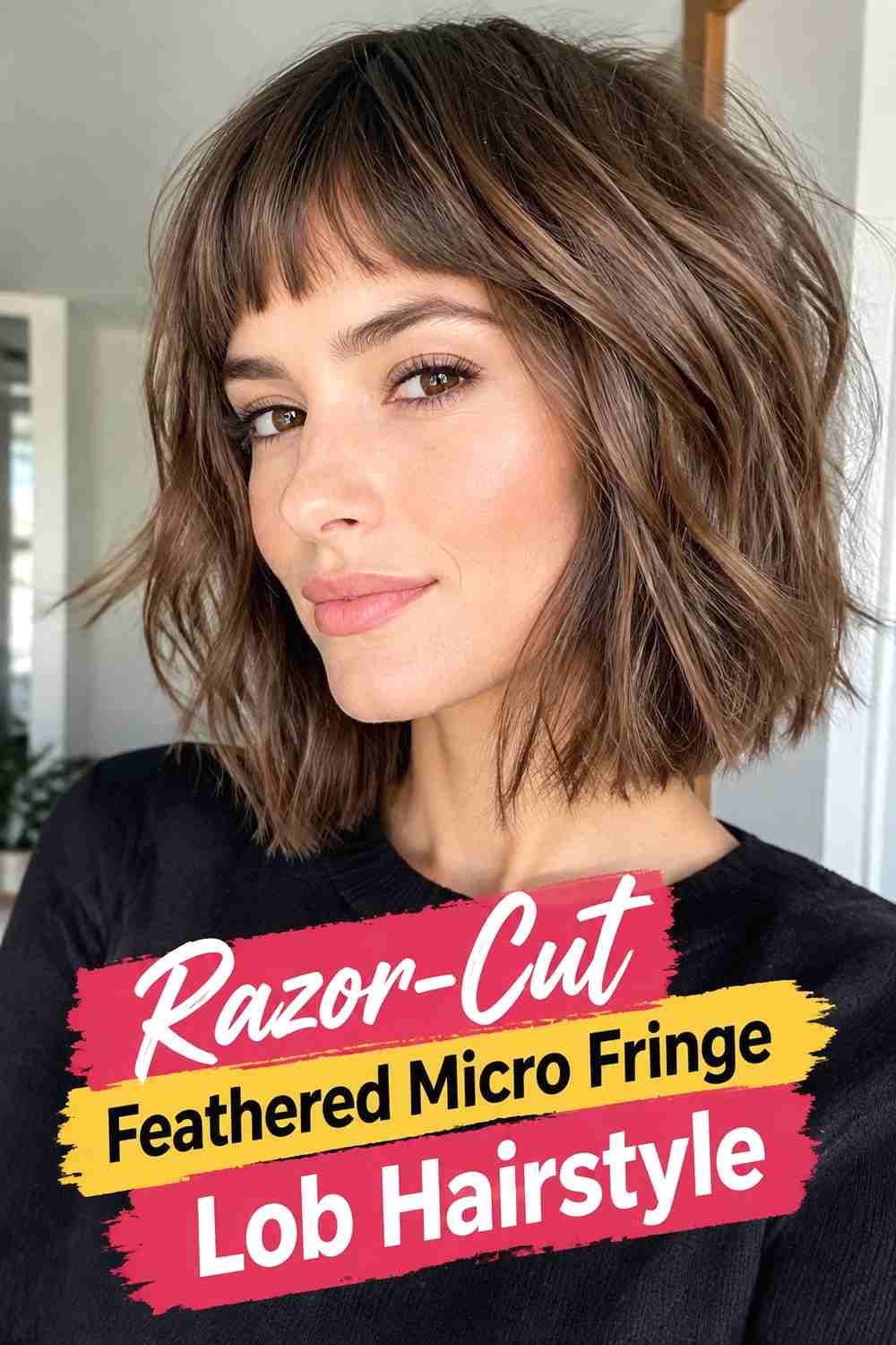 8. Razor Cut Feathered Micro Fringe Lob Hairstyle