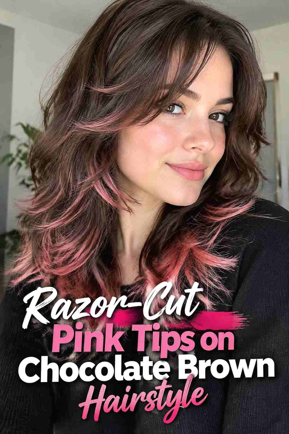 15. Razor Cut Pink Tips On Chocolate Brown Hairstyle