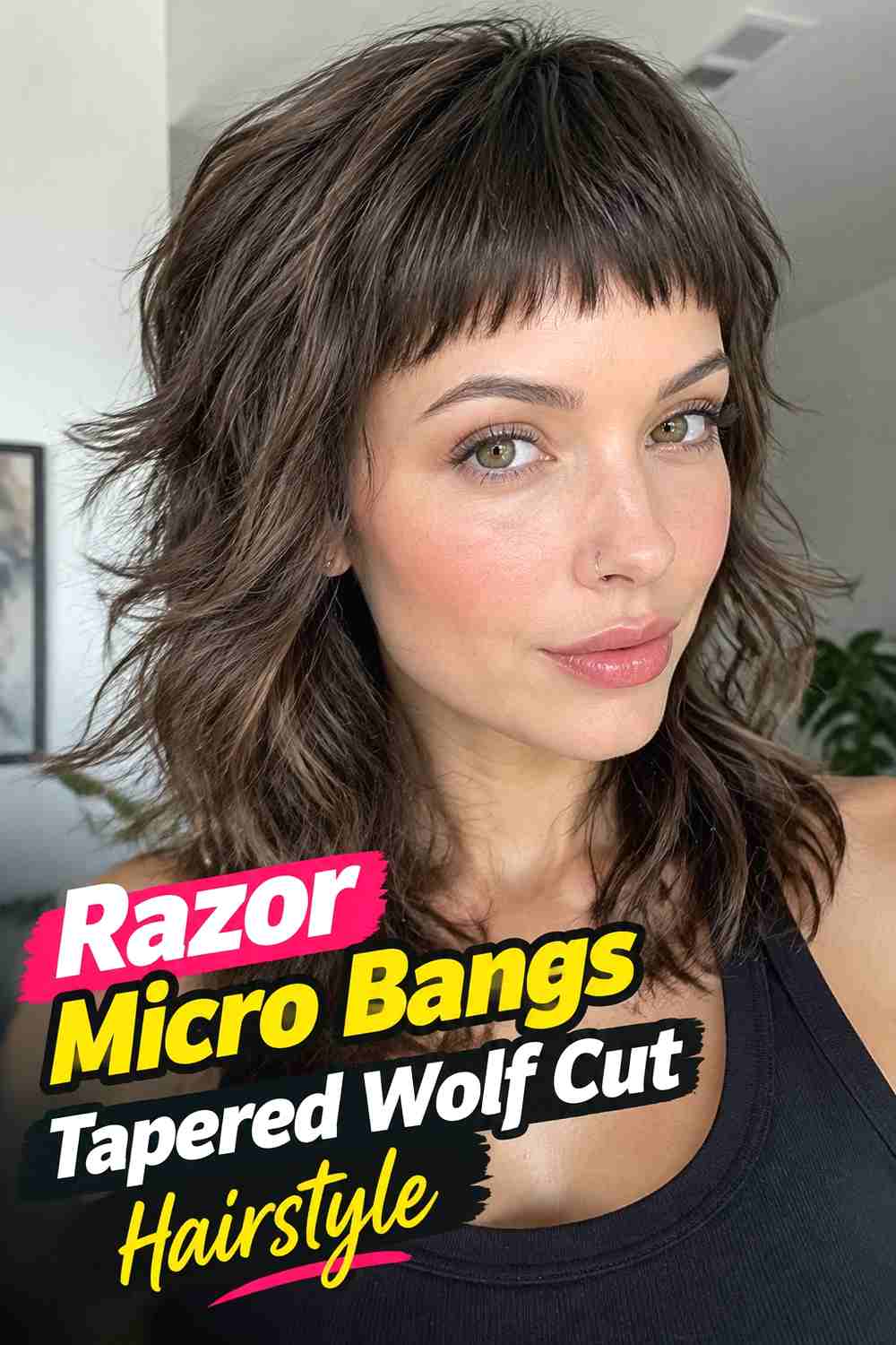 6. Razor Micro Bangs Tapered Wolf Cut Hairstyle