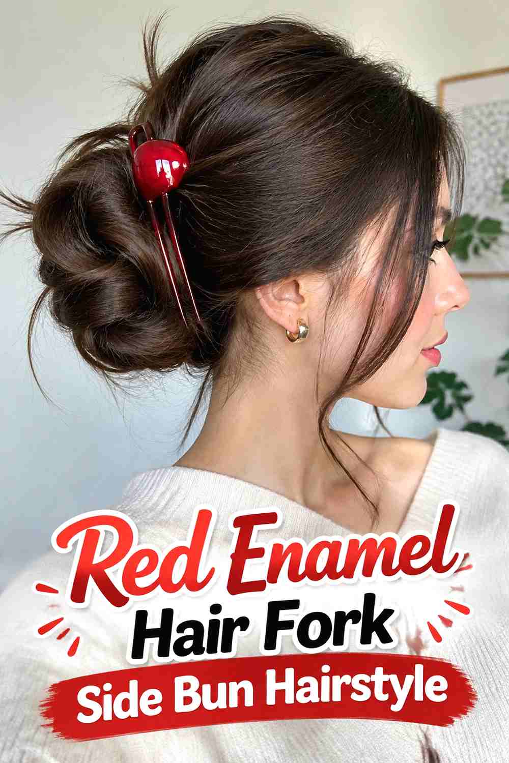 5. Red Enamel Hair Fork Side Bun Hairstyle