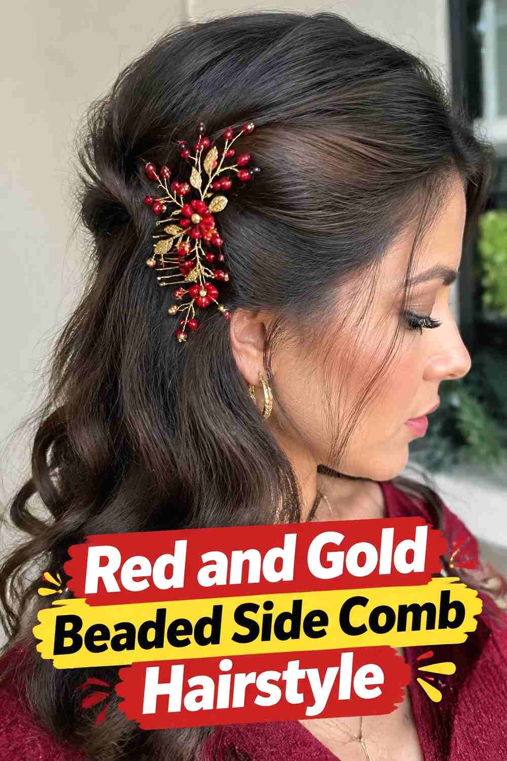 15. Red And Gold Beaded Side Comb Hairstyle