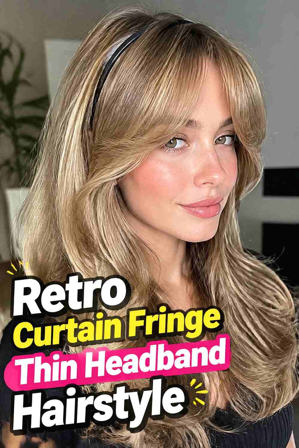 12. Retro Curtain Fringe Thin Headband Hairstyle
