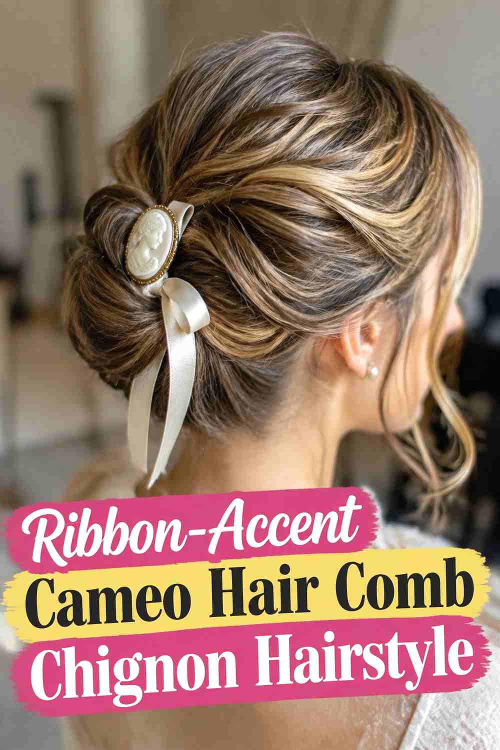 16. Ribbon Accent Cameo Hair Comb Chignon Hairstyle