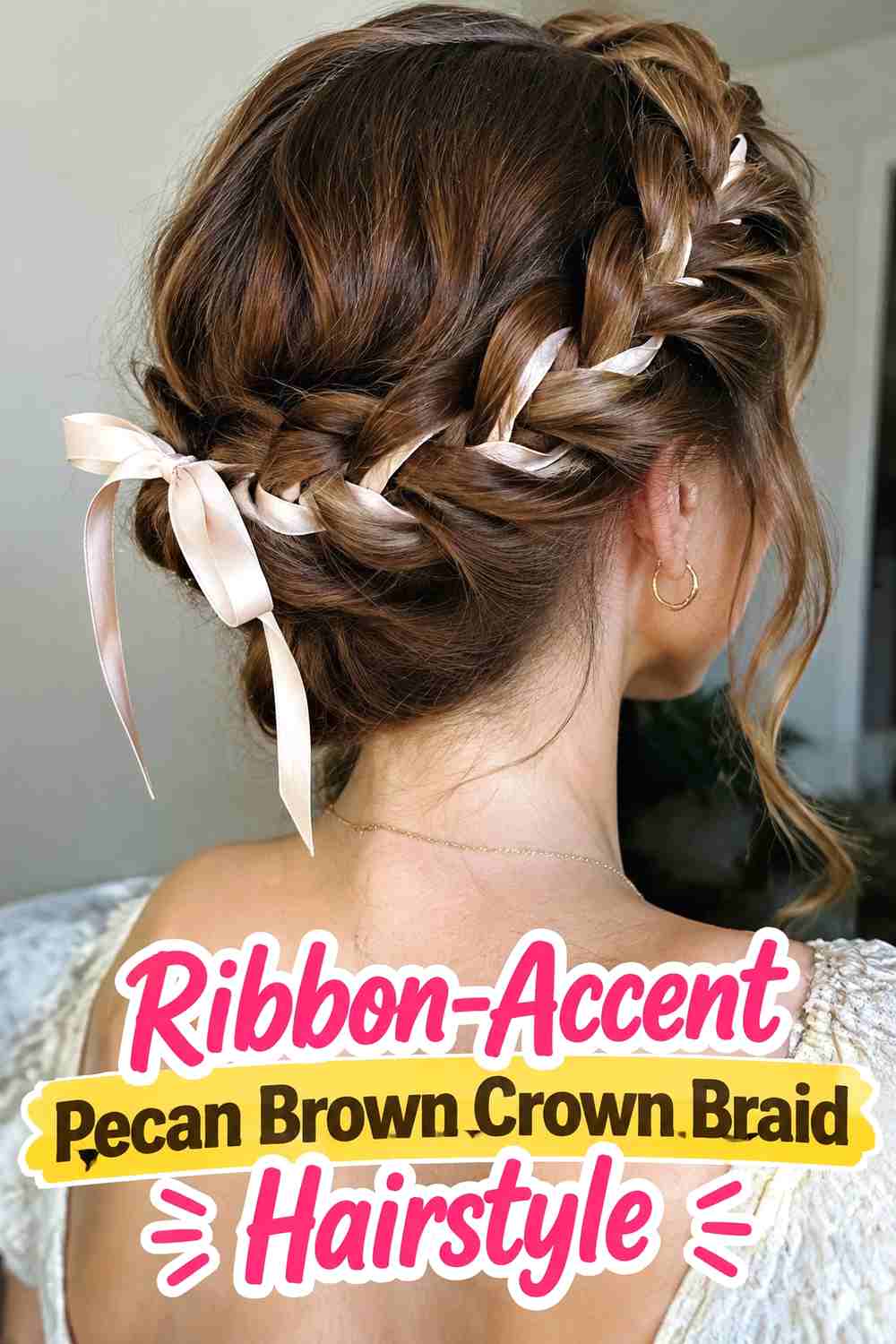 13. Ribbon Accent Pecan Brown Crown Braid Hairstyle