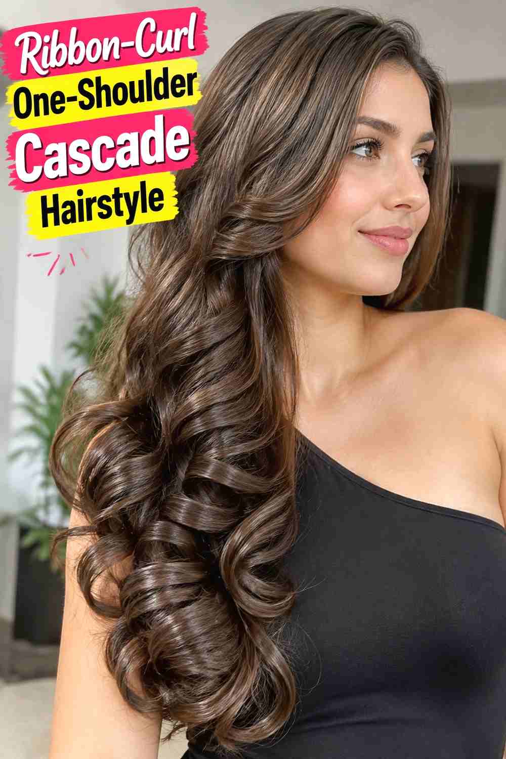 10. Ribbon Curl One Shoulder Cascade Hairstyle
