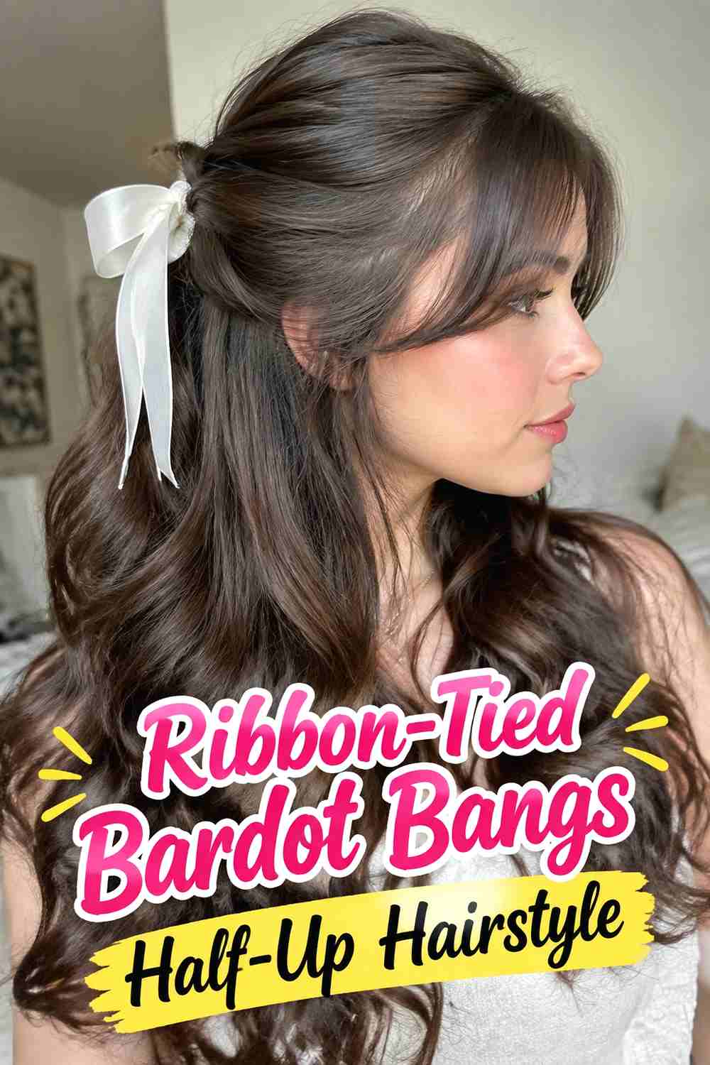 9. Ribbon Tied Bardot Bangs Half Up Hairstyle