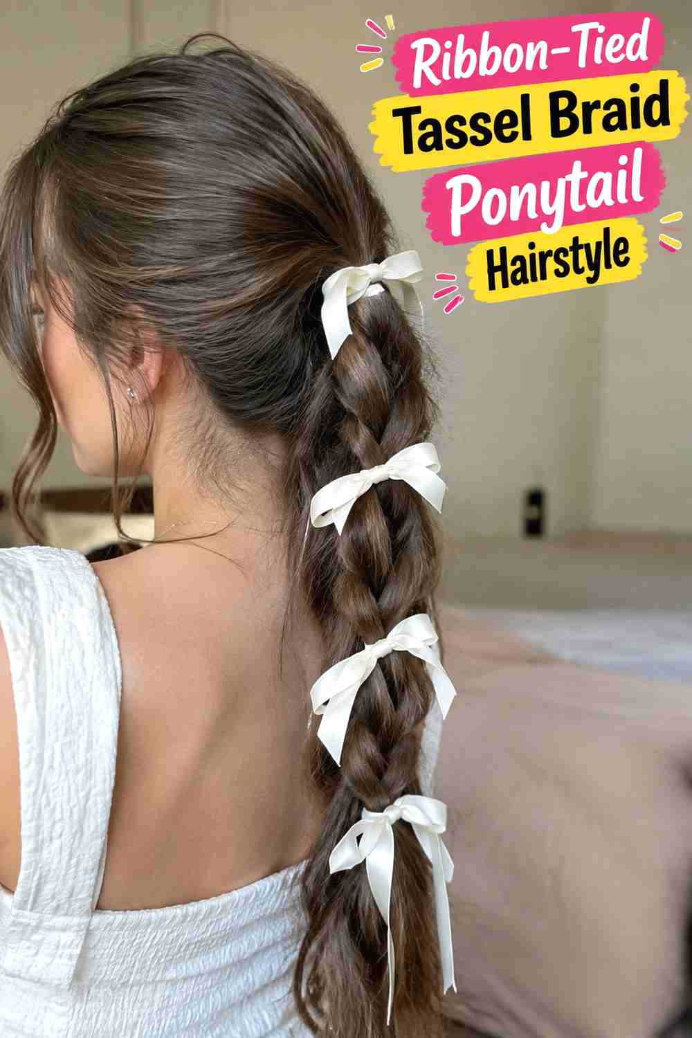 11. Ribbon Tied Tassel Braid Ponytail Hairstyle