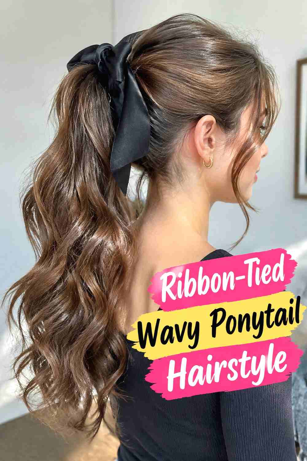 16. Ribbon Tied Wavy Ponytail Hairstyle