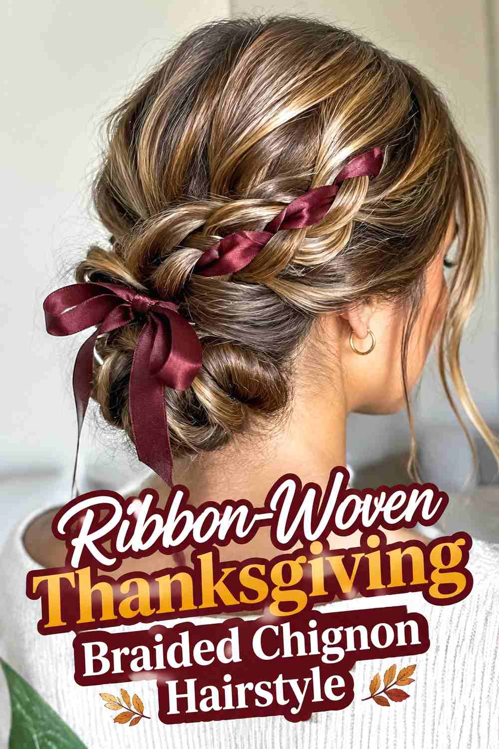 13. Ribbon Woven Thanksgiving Braided Chignon Hairstyle