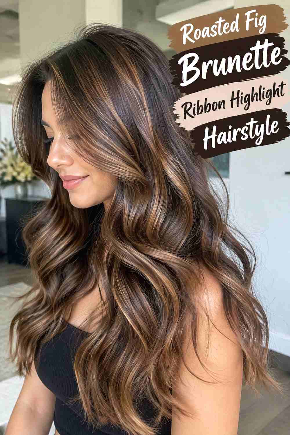 9. Roasted Fig Brunette Ribbon Highlight Hairstyle