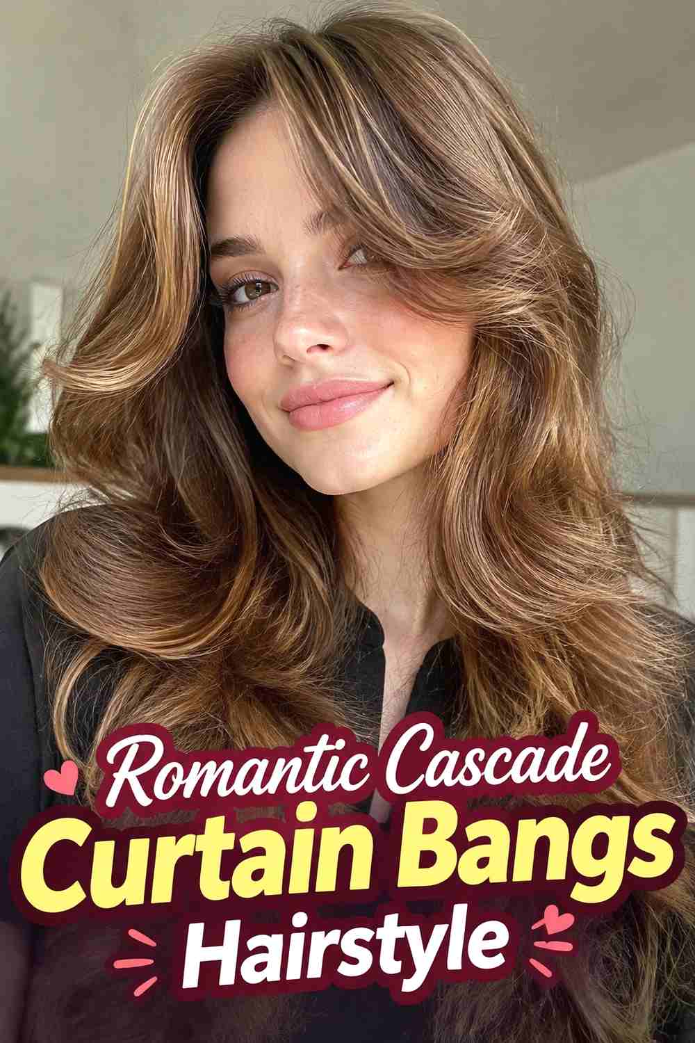 15. Romantic Cascade Curtain Bangs Hairstyle