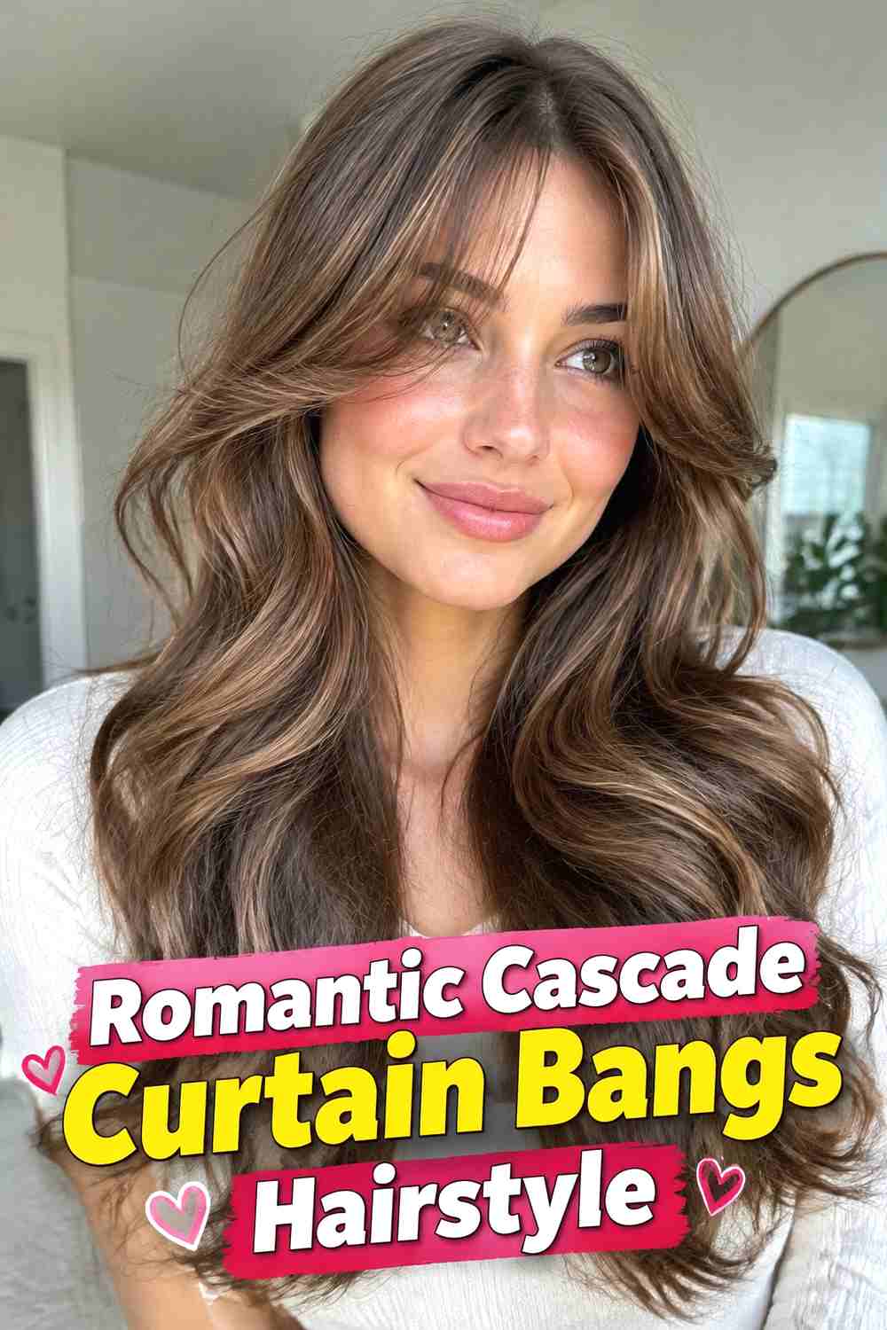 14. Romantic Cascade Curtain Bangs Hairstyle