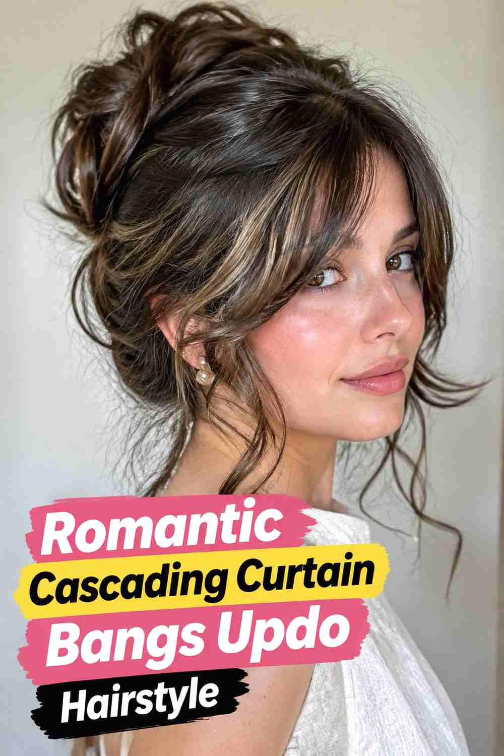 17. Romantic Cascading Curtain Bangs Updo Hairstyle