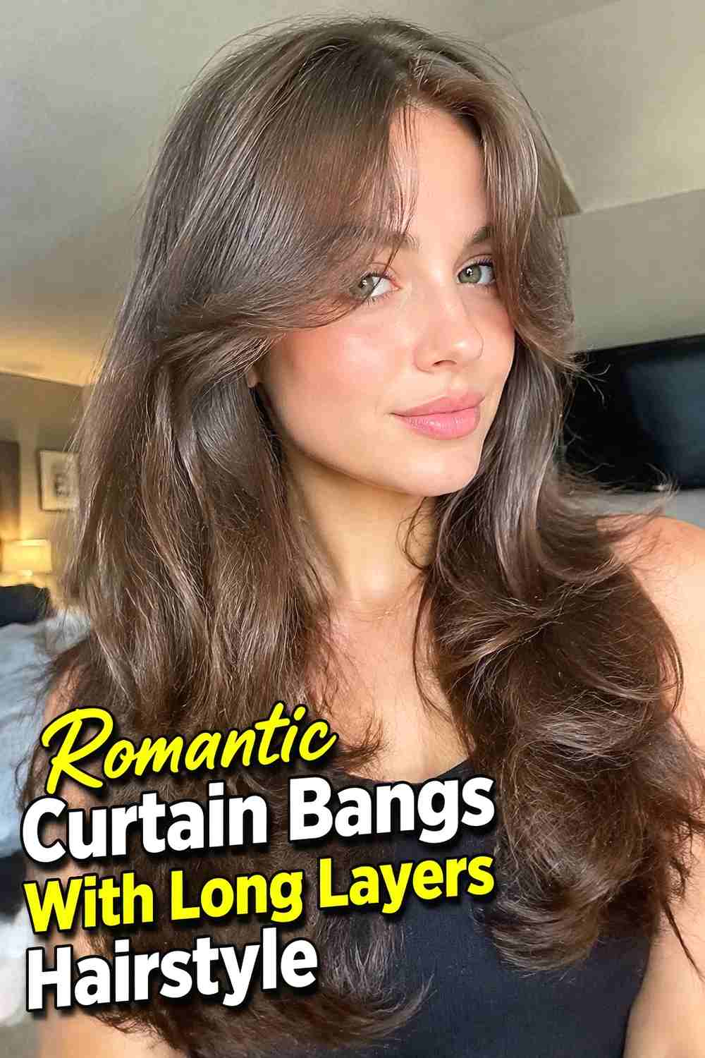 14. Romantic Curtain Bangs With Long Layers Hairstyle