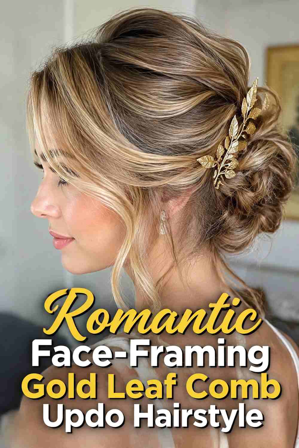 15. Romantic Face Framing Gold Leaf Comb Updo Hairstyle