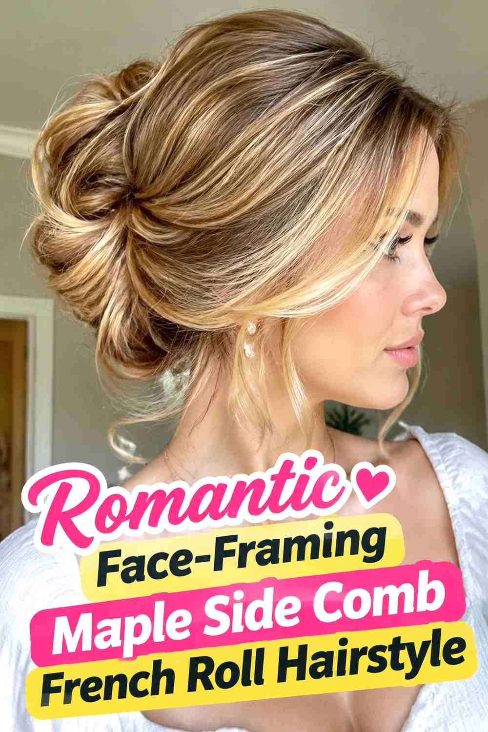 14. Romantic Face Framing Maple Side Comb French Roll Hairstyle