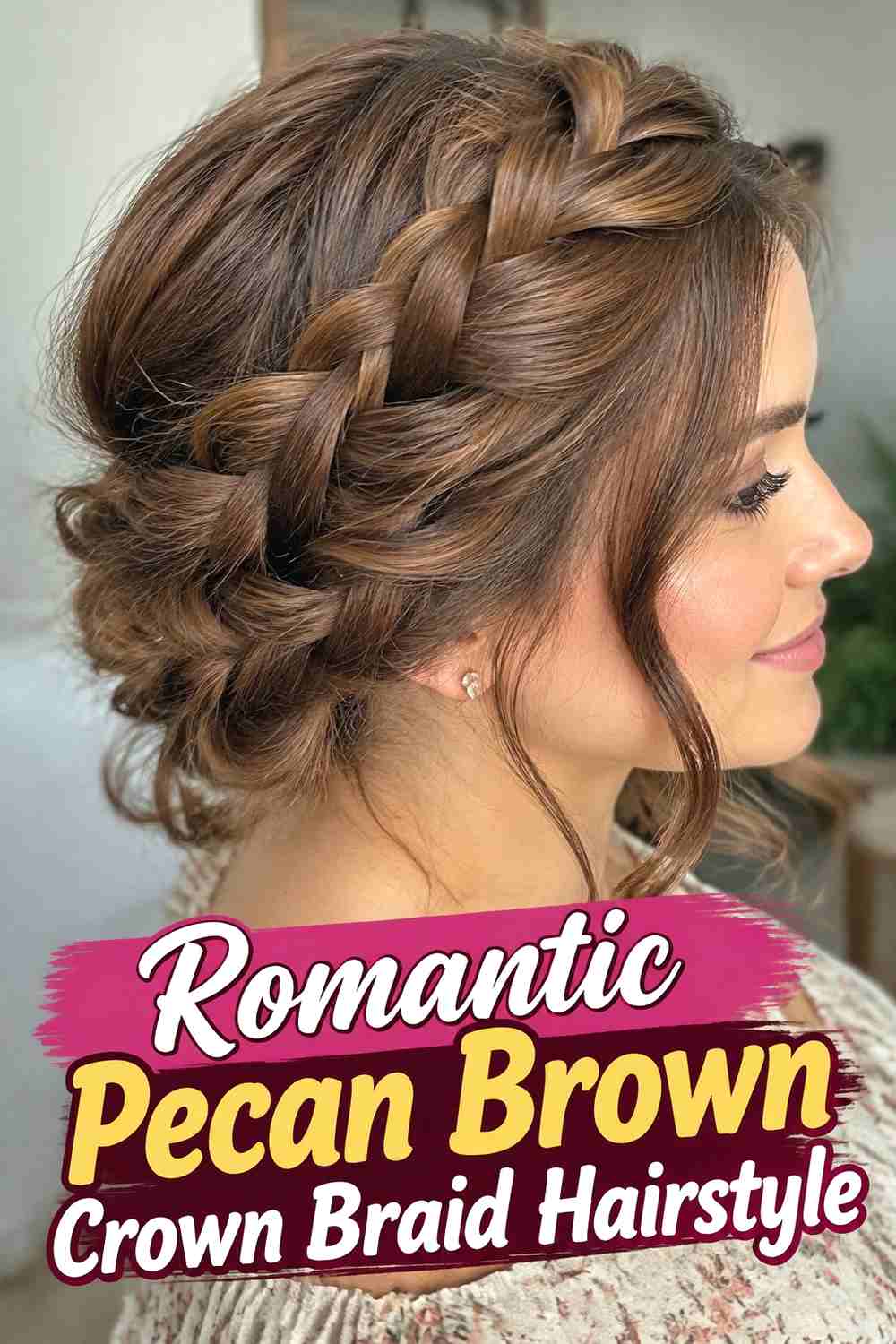 16. Romantic Pecan Brown Crown Braid Hairstyle