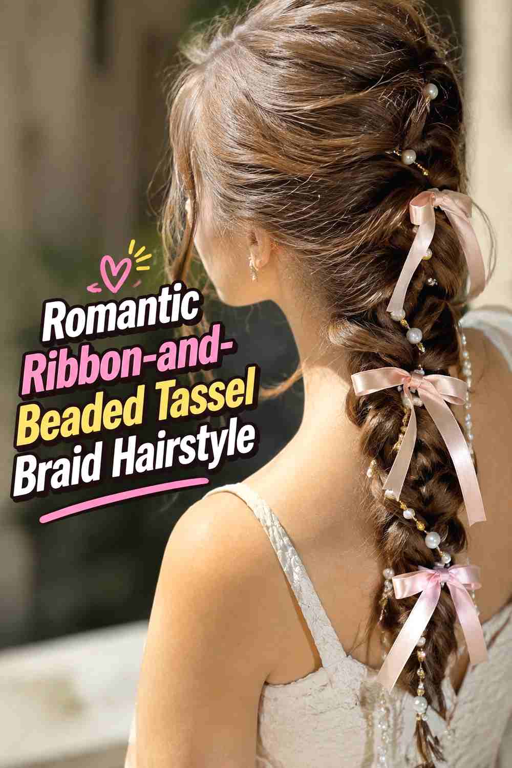 19. Romantic Ribbon And Beaded Tassel Braid Hairstyle