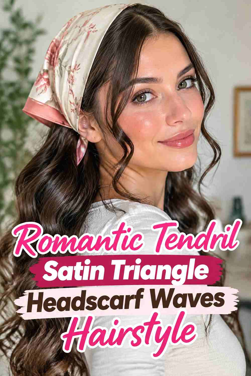 15. Romantic Tendril Satin Triangle Headscarf Waves Hairstyle