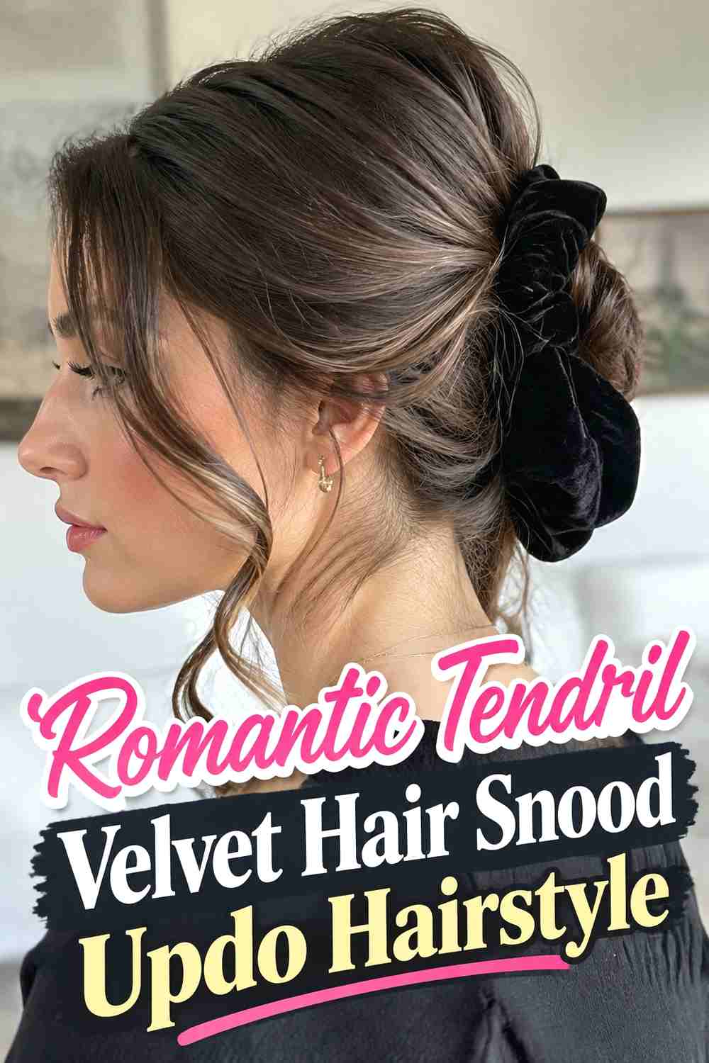 15. Romantic Tendril Velvet Hair Snood Updo Hairstyle