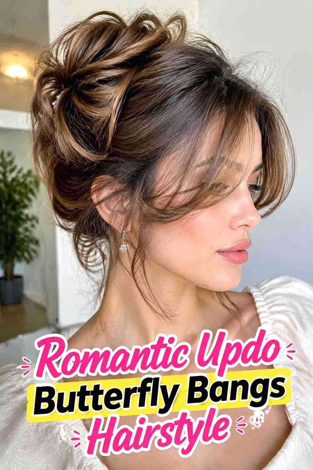 17. Romantic Updo Butterfly Bangs Hairstyle