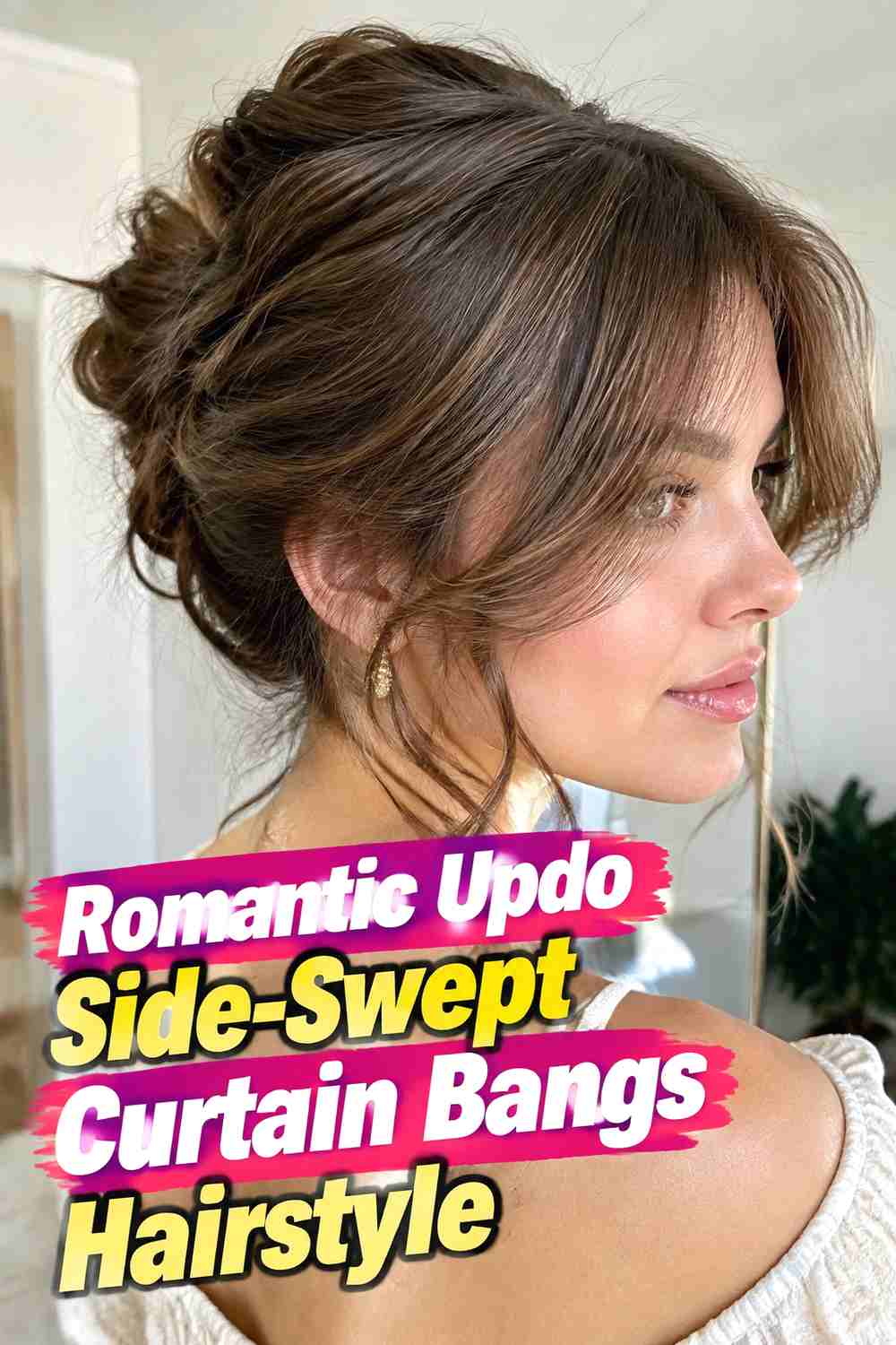 14. Romantic Updo Side Swept Curtain Bangs Hairstyle