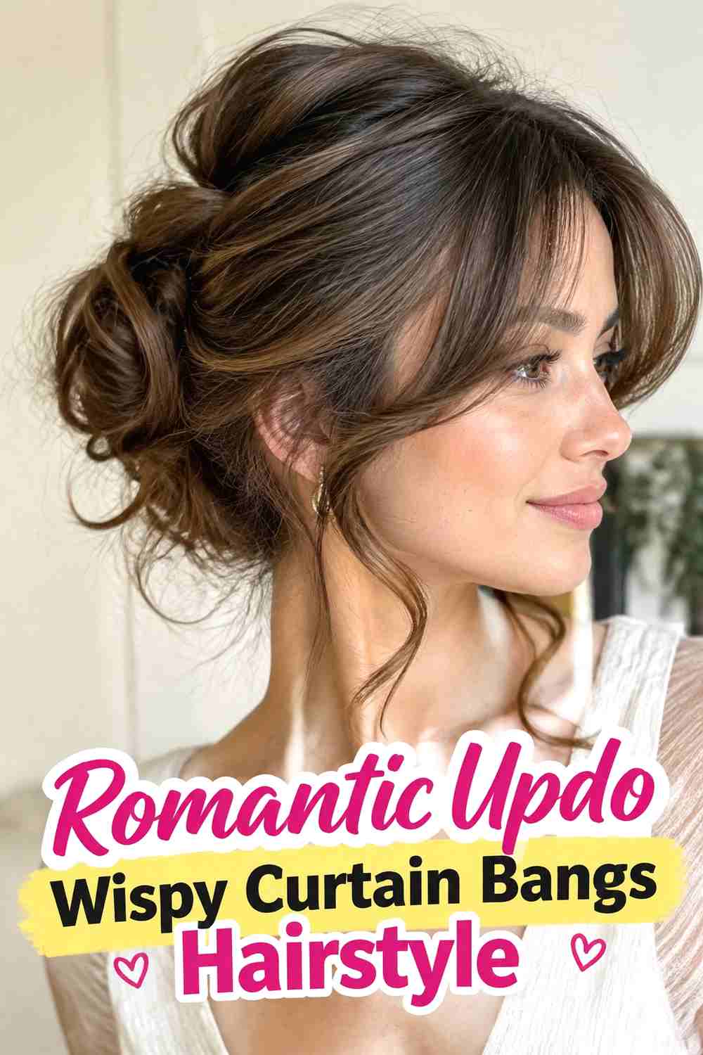 18. Romantic Updo Wispy Curtain Bangs Hairstyle