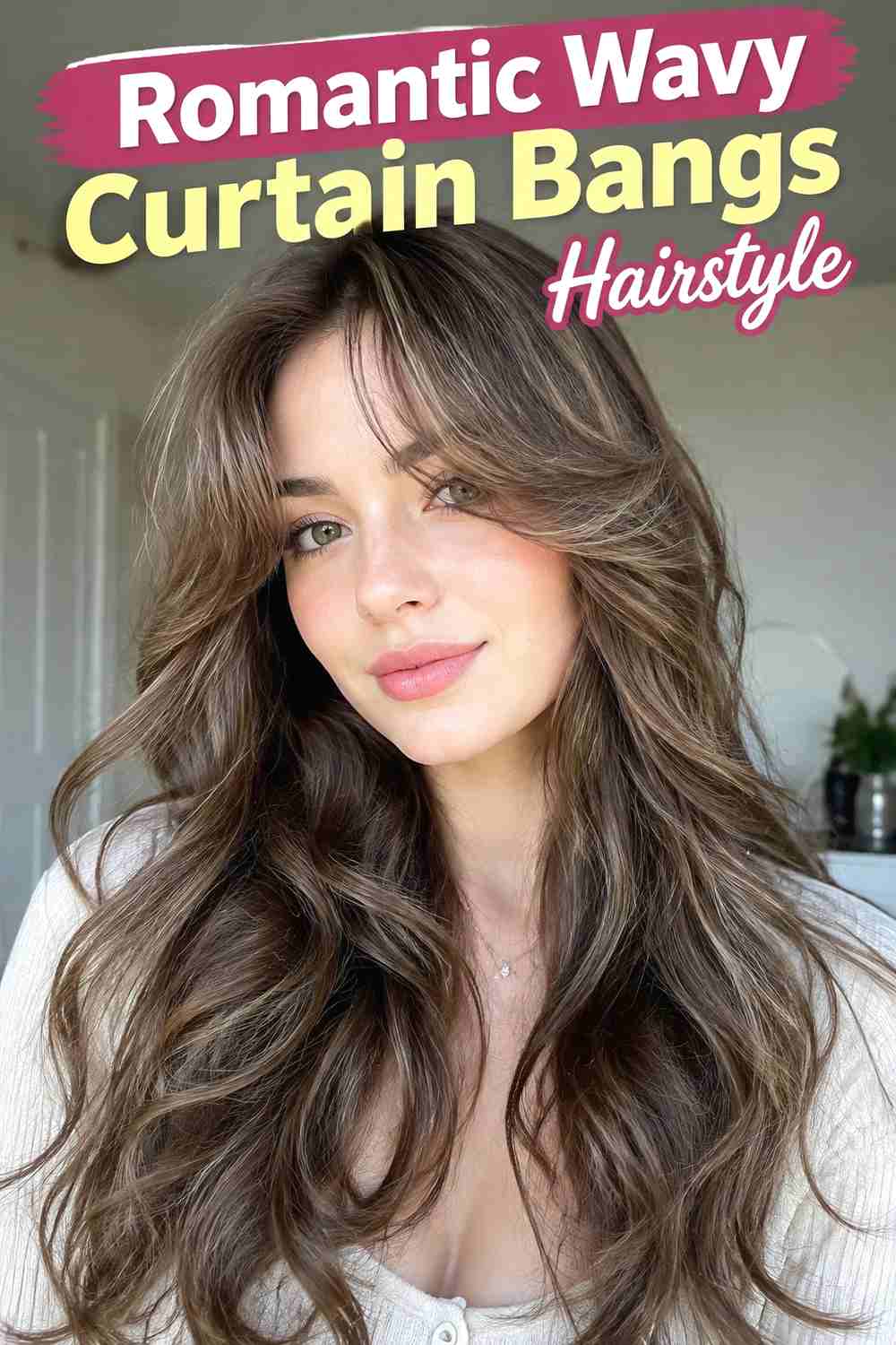 3. Romantic Wavy Curtain Bangs Hairstyle
