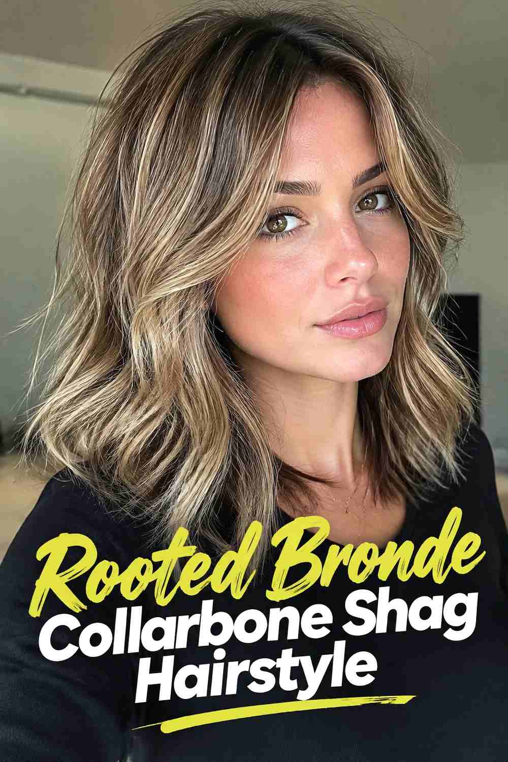 3. Rooted Bronde Collarbone Shag Hairstyle