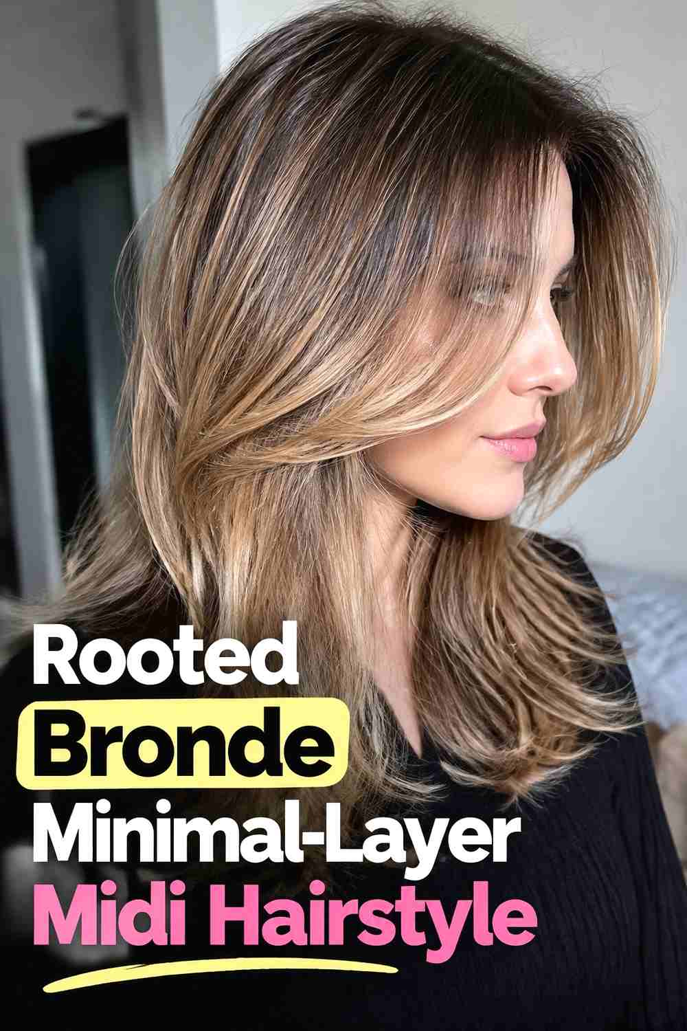 14. Rooted Bronde Minimal Layer Midi Hairstyle