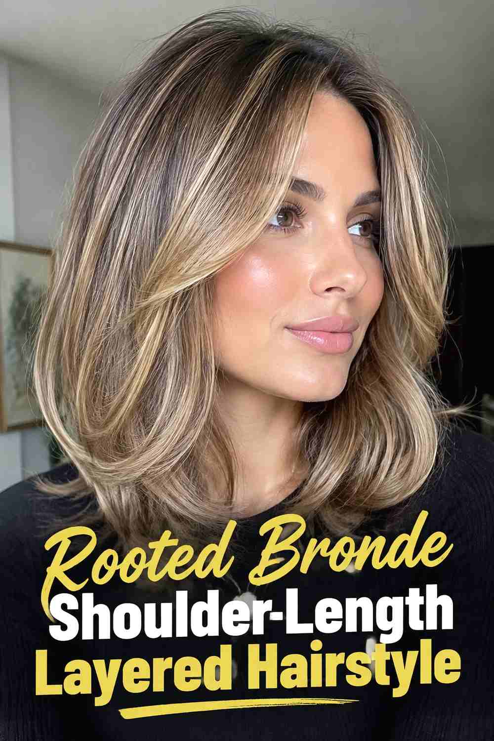 9. Rooted Bronde Shoulder Length Layered Hairstyle