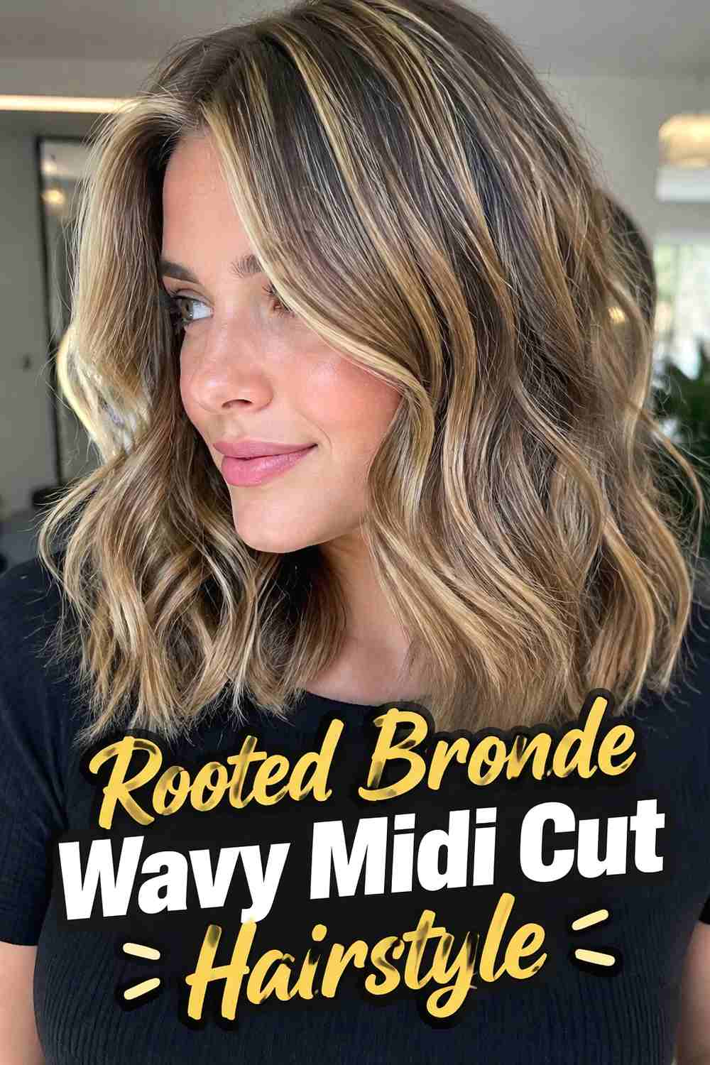 8. Rooted Bronde Wavy Midi Cut Hairstyle