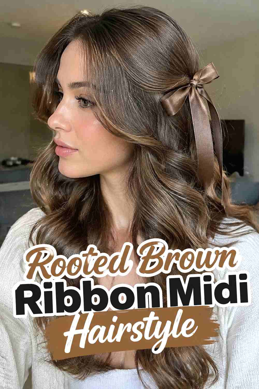 14. Rooted Brown Ribbon Midi Hairstyle