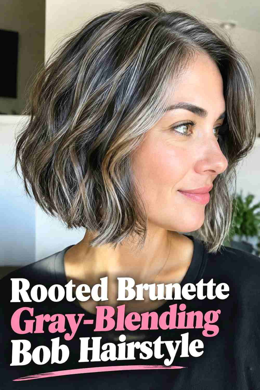 5. Rooted Brunette Gray Blending Bob Hairstyle