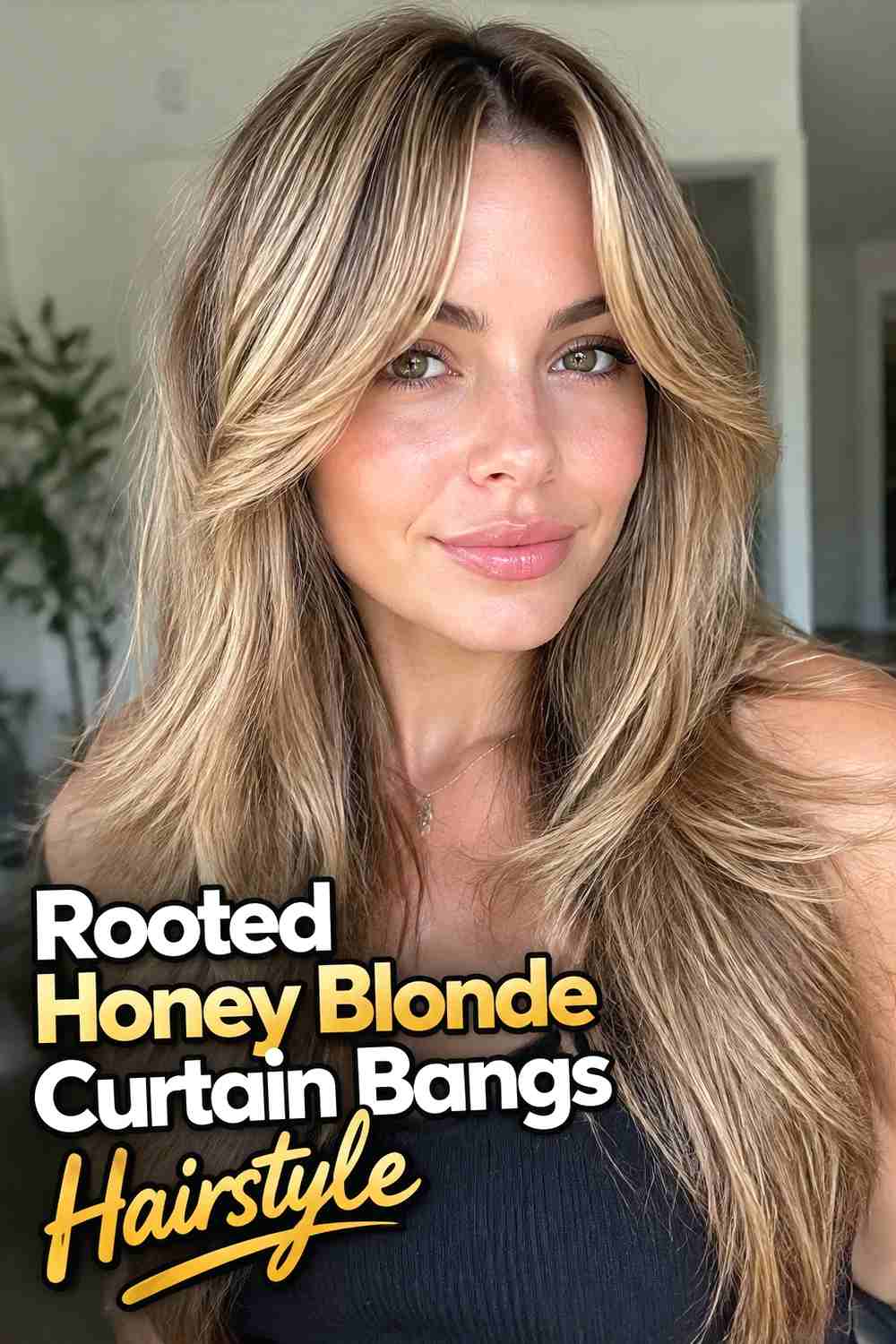 5. Rooted Honey Blonde Curtain Bangs Hairstyle