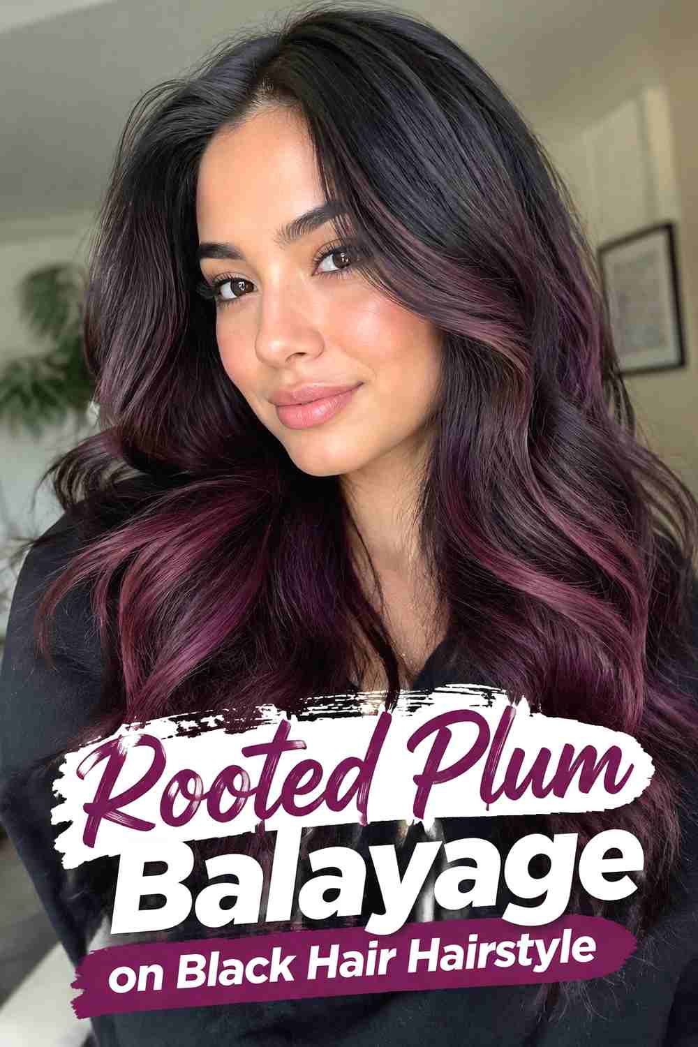 14. Rooted Plum Balayage On Black Hair Hairstyle