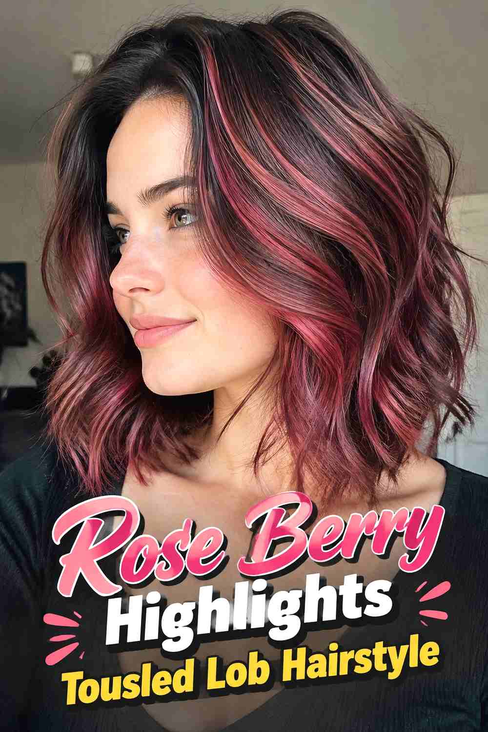 11. Rose Berry Highlights Tousled Lob Hairstyle