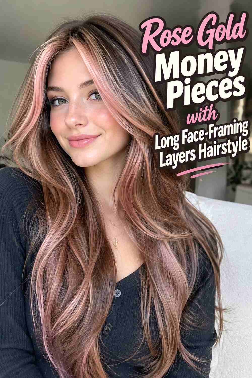 7. Rose Gold Money Pieces With Long Face Framing Layers Hairstyle
