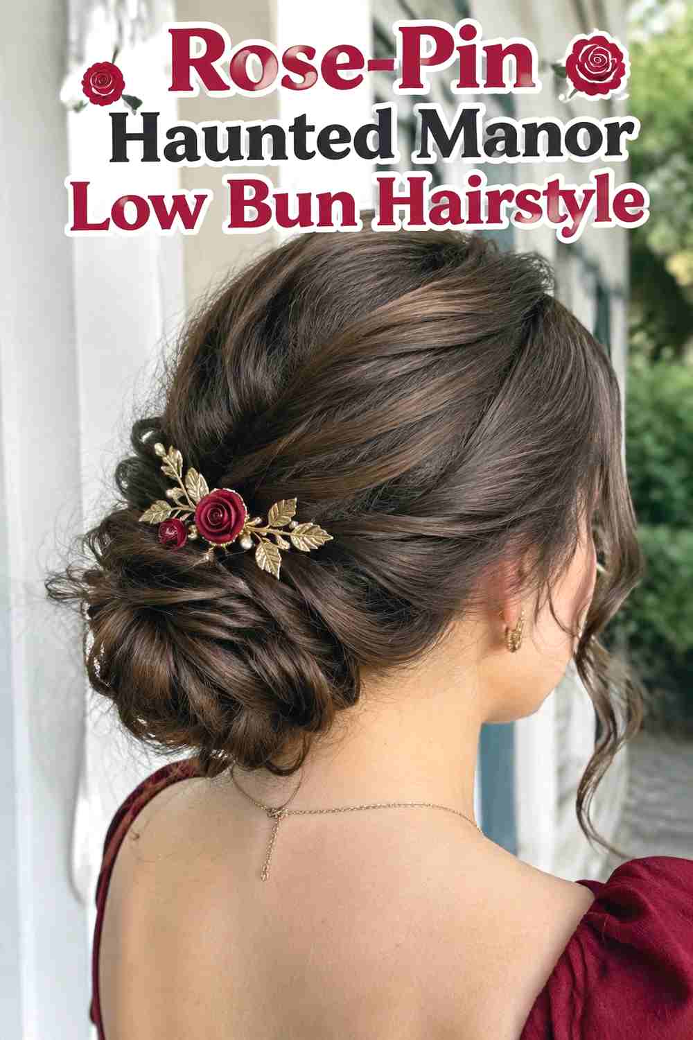 11. Rose Pin Haunted Manor Low Bun Hairstyle