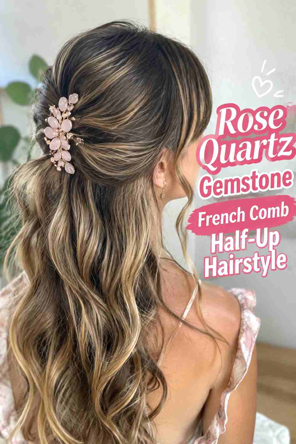 9. Rose Quartz Gemstone French Comb Half Up Hairstyle