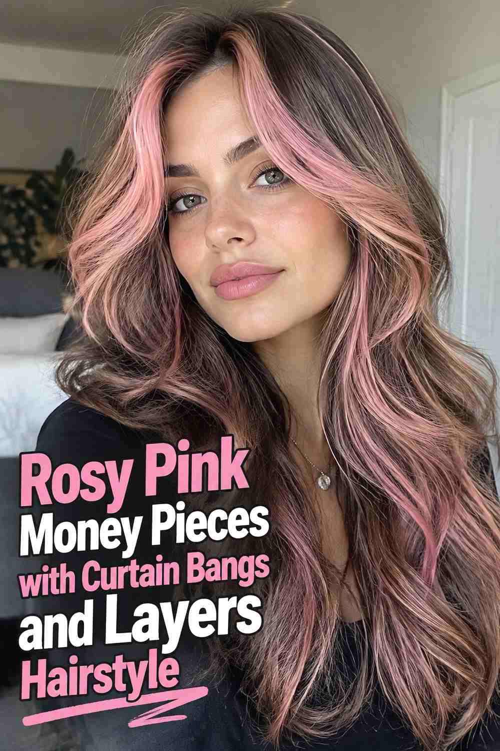 15. Rosy Pink Money Pieces With Curtain Bangs And Layers Hairstyle