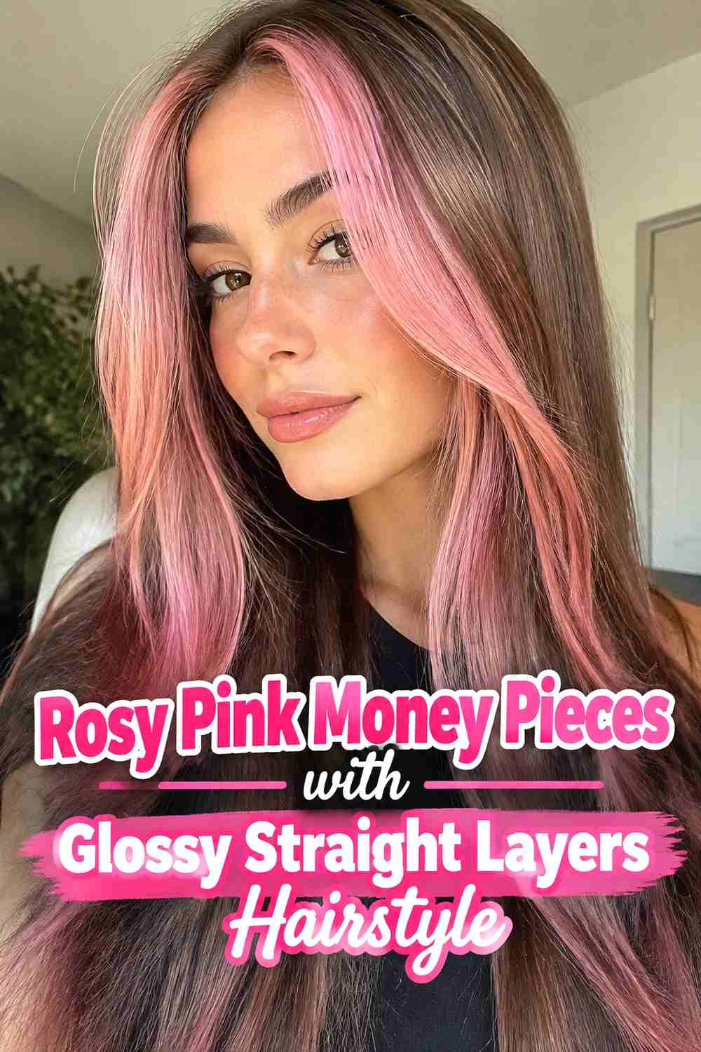 17. Rosy Pink Money Pieces With Glossy Straight Layers Hairstyle