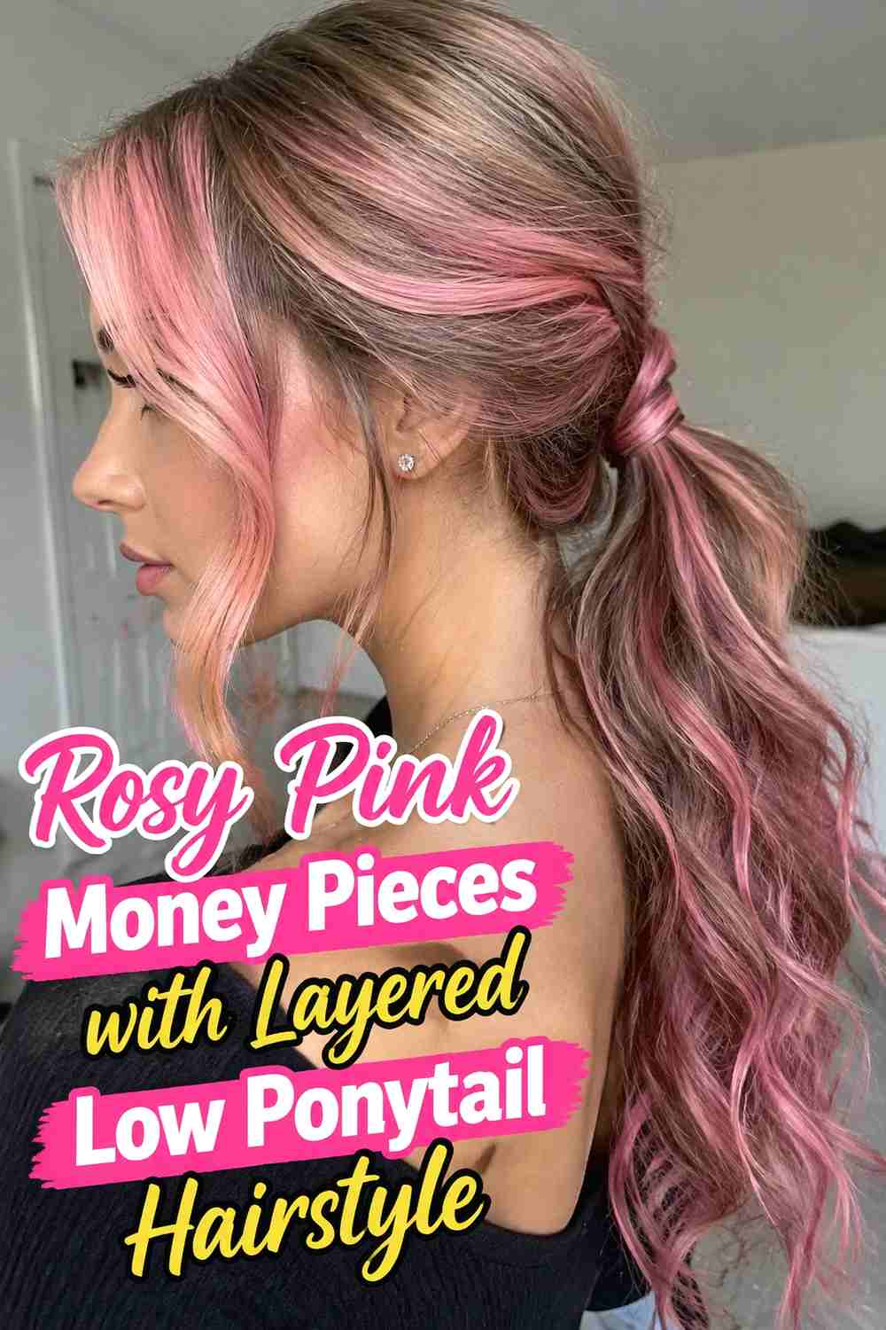 20. Rosy Pink Money Pieces With Layered Low Ponytail Hairstyle