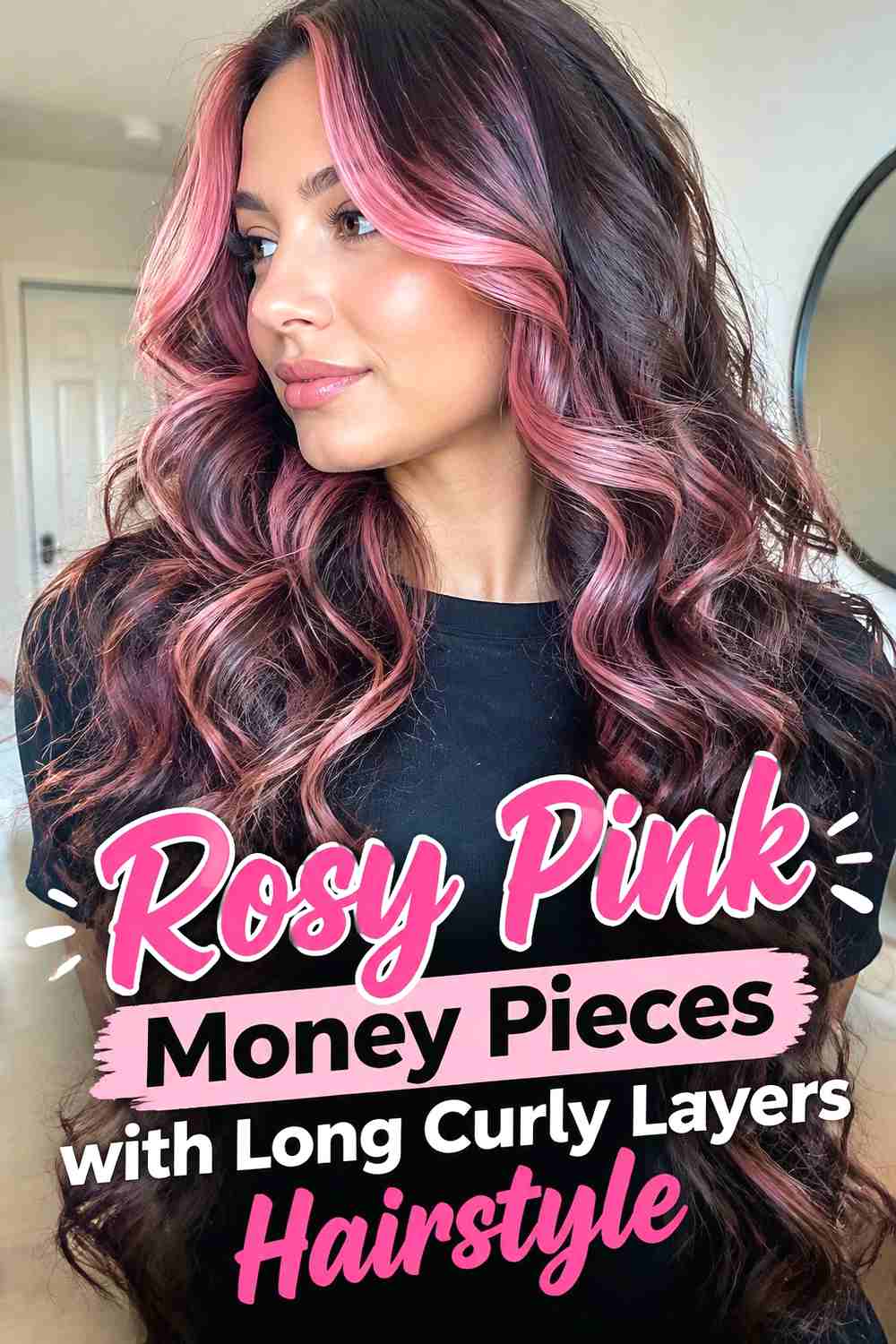 19. Rosy Pink Money Pieces With Long Curly Layers Hairstyle